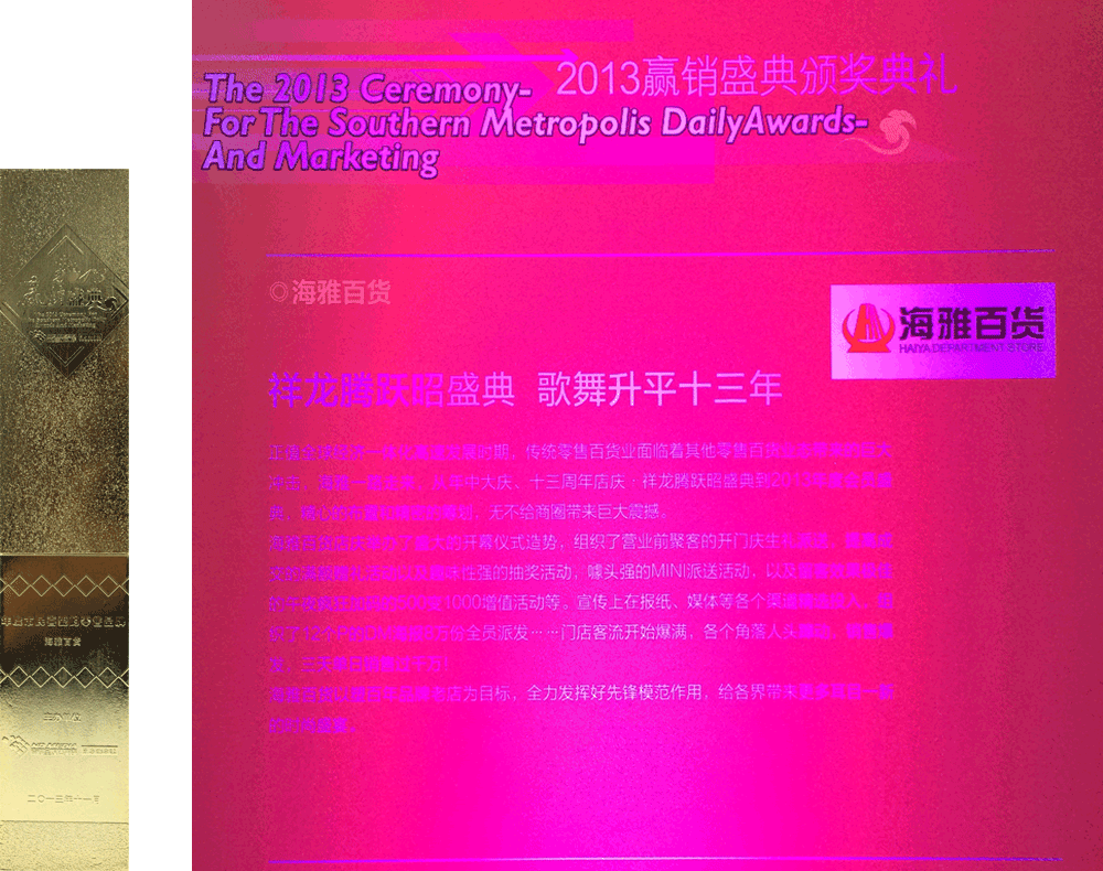 海雅百货荣获2013“年度市民喜爱的零售品牌”奖